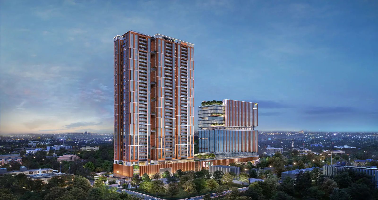 Brigade Icon – residential tower and commercial block on Mount Road, Chennai at dusk (artist's impression)
